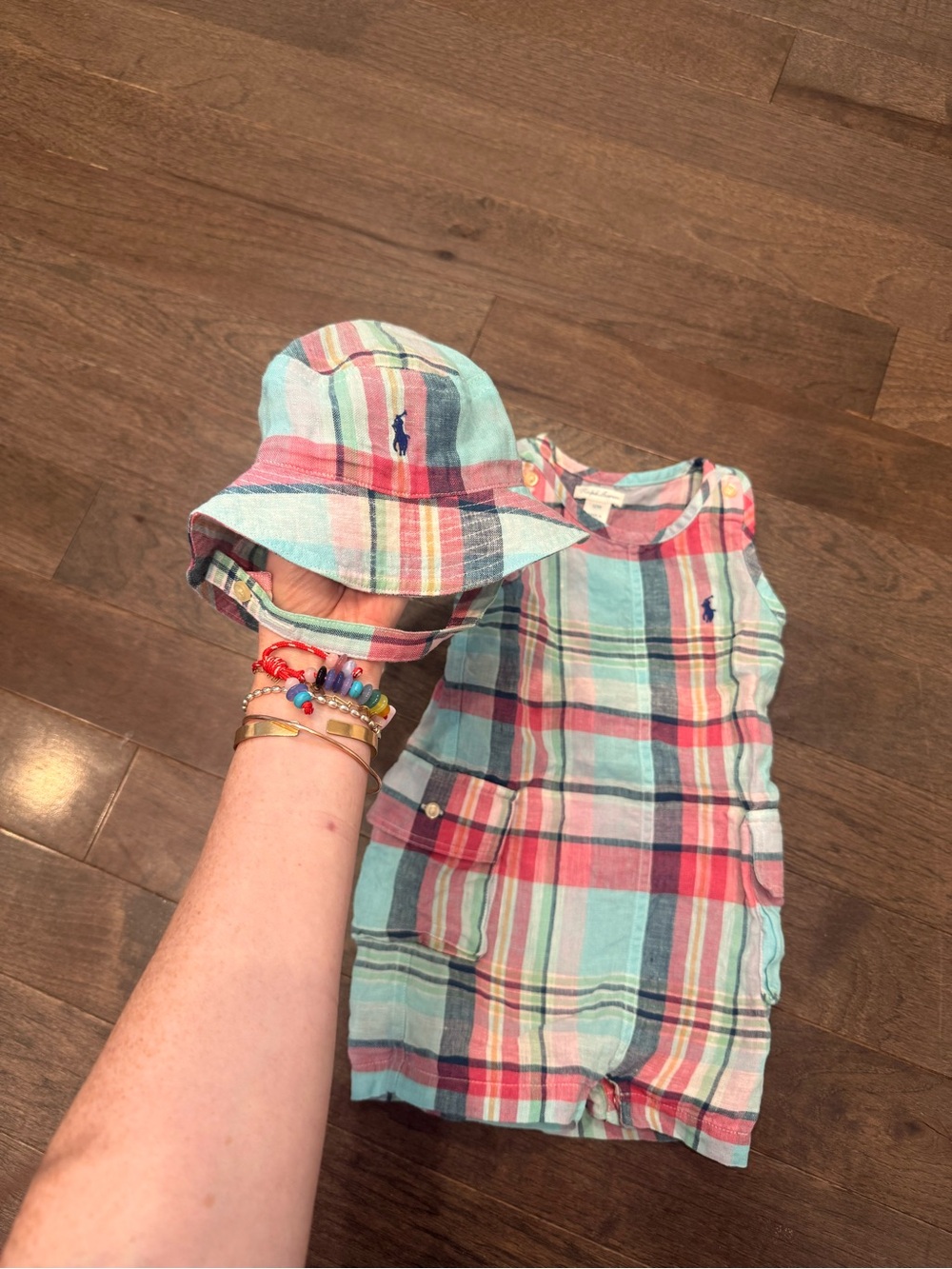 Ralph Lauren 12m Linen Plaid Shortall + Matching Hat
